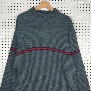Y2k Mock Neck Knit Sweater Size XL Gray Red Striped Streetwear Skate Grandpa 90s